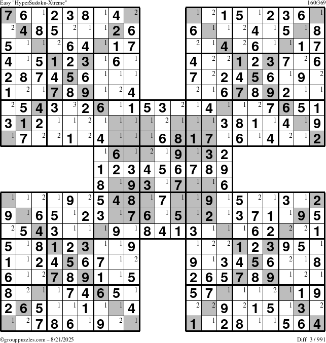The grouppuzzles.com Easy cover-HyperXtreme puzzle for Thursday August 21, 2025 with the first 3 steps marked