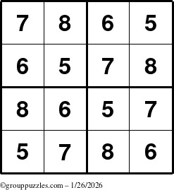 The grouppuzzles.com Answer grid for the Sudoku-4-5678 puzzle for Monday January 26, 2026