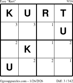 The grouppuzzles.com Easy Kurt puzzle for Monday January 26, 2026 with the first 3 steps marked
