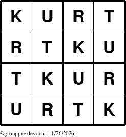 The grouppuzzles.com Answer grid for the Kurt puzzle for Monday January 26, 2026