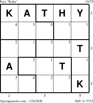 The grouppuzzles.com Easy Kathy puzzle for Monday January 26, 2026, suitable for printing, with all 4 steps marked