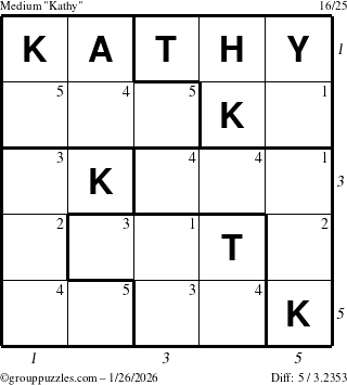 The grouppuzzles.com Medium Kathy puzzle for Monday January 26, 2026, suitable for printing, with all 5 steps marked