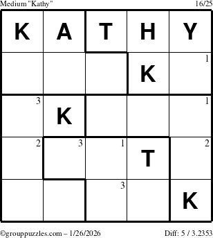 The grouppuzzles.com Medium Kathy puzzle for Monday January 26, 2026 with the first 3 steps marked