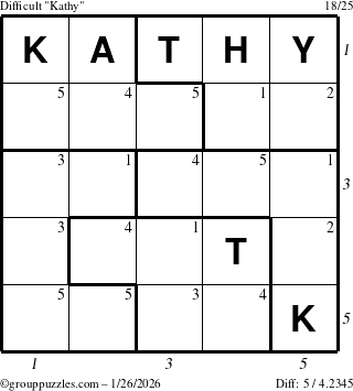 The grouppuzzles.com Difficult Kathy puzzle for Monday January 26, 2026, suitable for printing, with all 5 steps marked