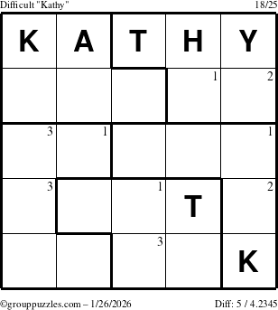 The grouppuzzles.com Difficult Kathy puzzle for Monday January 26, 2026 with the first 3 steps marked