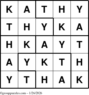 The grouppuzzles.com Answer grid for the Kathy puzzle for Monday January 26, 2026