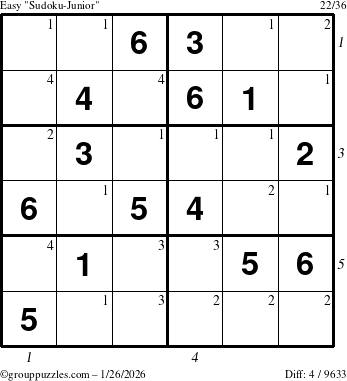 The grouppuzzles.com Easy Sudoku-Junior puzzle for Monday January 26, 2026, suitable for printing, with all 4 steps marked