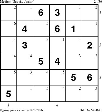 The grouppuzzles.com Medium Sudoku-Junior puzzle for Monday January 26, 2026, suitable for printing, with all 6 steps marked