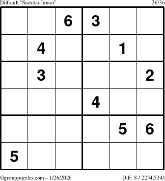 The grouppuzzles.com Difficult Sudoku-Junior puzzle for Monday January 26, 2026
