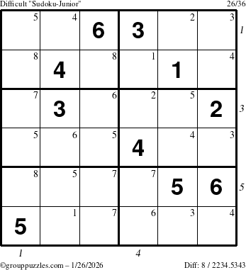 The grouppuzzles.com Difficult Sudoku-Junior puzzle for Monday January 26, 2026, suitable for printing, with all 8 steps marked