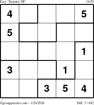 The grouppuzzles.com Easy Sudoku-5B puzzle for Monday January 26, 2026