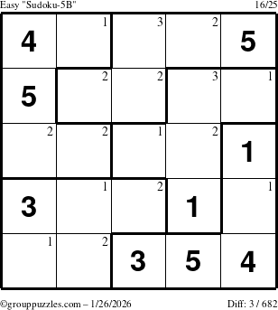 The grouppuzzles.com Easy Sudoku-5B puzzle for Monday January 26, 2026 with the first 3 steps marked
