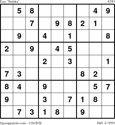 The grouppuzzles.com Easy Sudoku puzzle for Monday January 26, 2026