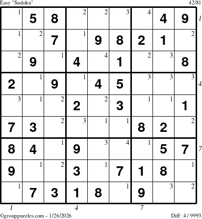The grouppuzzles.com Easy Sudoku puzzle for Monday January 26, 2026 with all 4 steps marked