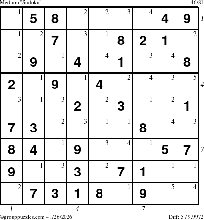 The grouppuzzles.com Medium Sudoku puzzle for Monday January 26, 2026, suitable for printing, with all 5 steps marked