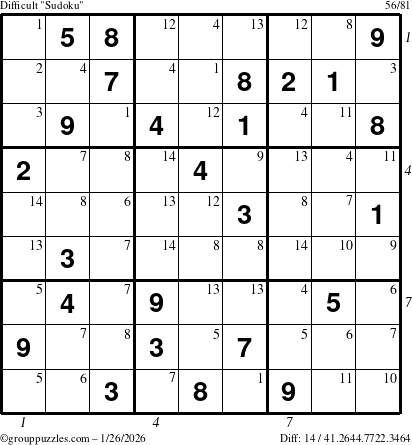 The grouppuzzles.com Difficult Sudoku puzzle for Monday January 26, 2026 with all 14 steps marked