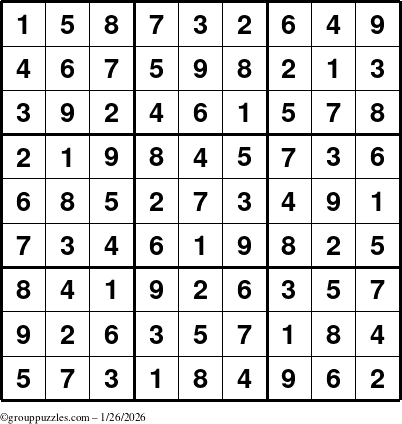 The grouppuzzles.com Answer grid for the Sudoku puzzle for Monday January 26, 2026