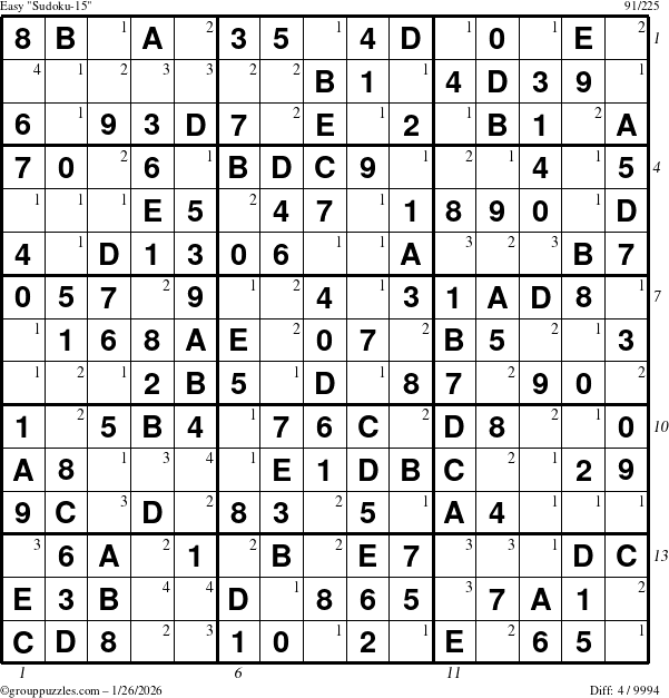 The grouppuzzles.com Easy Sudoku-15 puzzle for Monday January 26, 2026 with all 4 steps marked