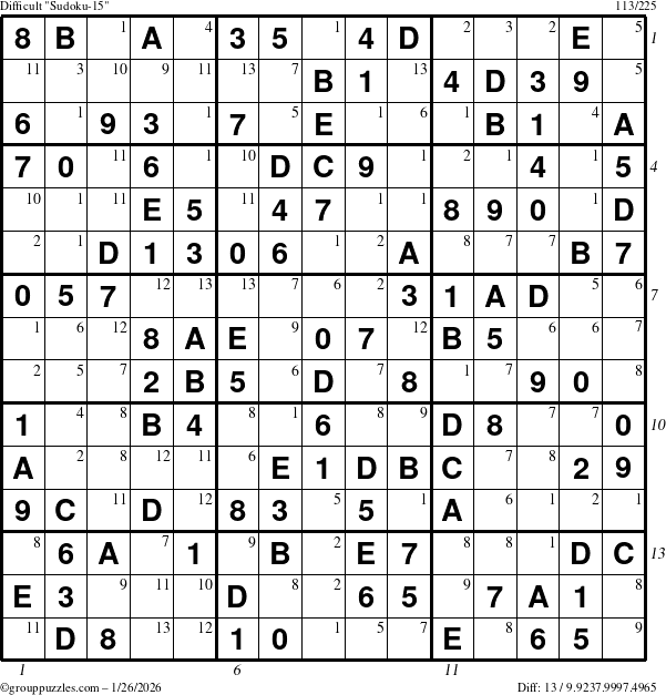 The grouppuzzles.com Difficult Sudoku-15 puzzle for Monday January 26, 2026 with all 13 steps marked