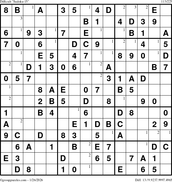 The grouppuzzles.com Difficult Sudoku-15 puzzle for Monday January 26, 2026 with the first 3 steps marked