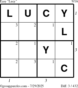The grouppuzzles.com Easy Lucy puzzle for Tuesday July 29, 2025 with all 3 steps marked