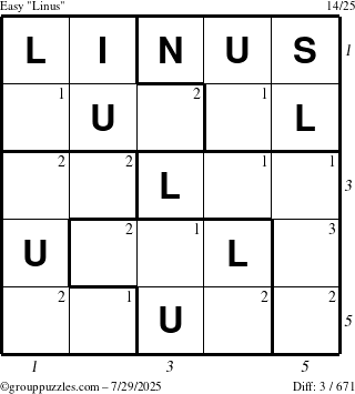 The grouppuzzles.com Easy Linus puzzle for Tuesday July 29, 2025 with all 3 steps marked