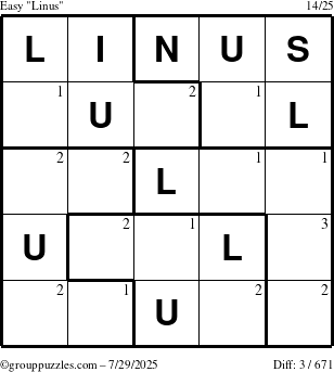 The grouppuzzles.com Easy Linus puzzle for Tuesday July 29, 2025 with the first 3 steps marked