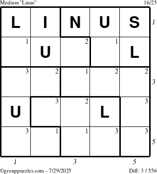 The grouppuzzles.com Medium Linus puzzle for Tuesday July 29, 2025 with all 3 steps marked