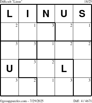 The grouppuzzles.com Difficult Linus puzzle for Tuesday July 29, 2025 with the first 3 steps marked