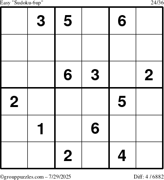 The grouppuzzles.com Easy Sudoku-6up puzzle for Tuesday July 29, 2025