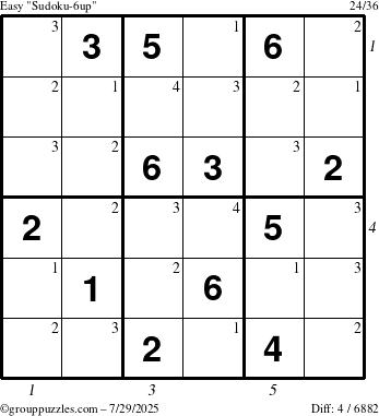 The grouppuzzles.com Easy Sudoku-6up puzzle for Tuesday July 29, 2025 with all 4 steps marked