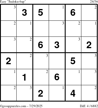 The grouppuzzles.com Easy Sudoku-6up puzzle for Tuesday July 29, 2025 with the first 3 steps marked