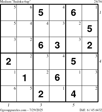 The grouppuzzles.com Medium Sudoku-6up puzzle for Tuesday July 29, 2025, suitable for printing, with all 6 steps marked