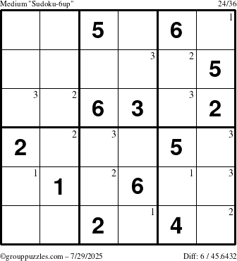 The grouppuzzles.com Medium Sudoku-6up puzzle for Tuesday July 29, 2025 with the first 3 steps marked