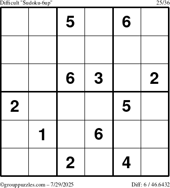 The grouppuzzles.com Difficult Sudoku-6up puzzle for Tuesday July 29, 2025