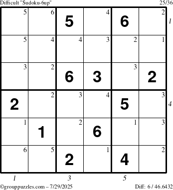 The grouppuzzles.com Difficult Sudoku-6up puzzle for Tuesday July 29, 2025 with all 6 steps marked