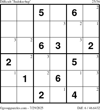 The grouppuzzles.com Difficult Sudoku-6up puzzle for Tuesday July 29, 2025 with the first 3 steps marked