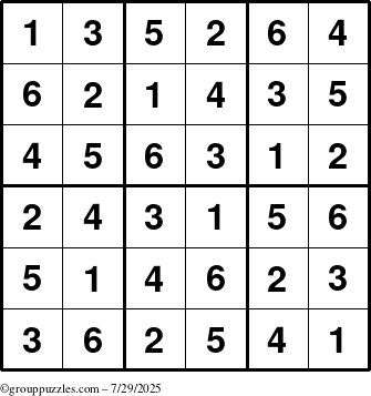 The grouppuzzles.com Answer grid for the Sudoku-6up puzzle for Tuesday July 29, 2025