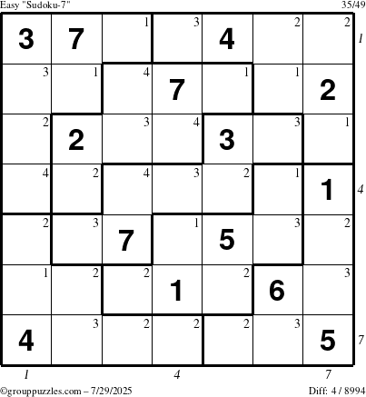 The grouppuzzles.com Easy Sudoku-7 puzzle for Tuesday July 29, 2025 with all 4 steps marked