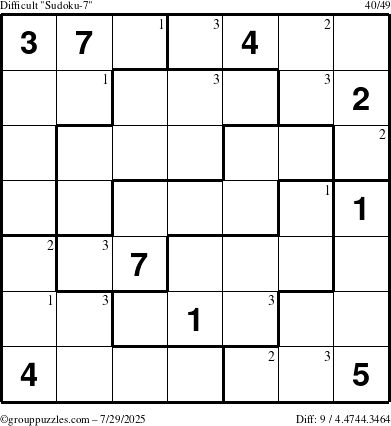 The grouppuzzles.com Difficult Sudoku-7 puzzle for Tuesday July 29, 2025 with the first 3 steps marked