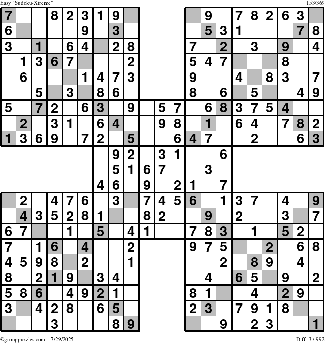 The grouppuzzles.com Easy Sudoku-Xtreme puzzle for Tuesday July 29, 2025