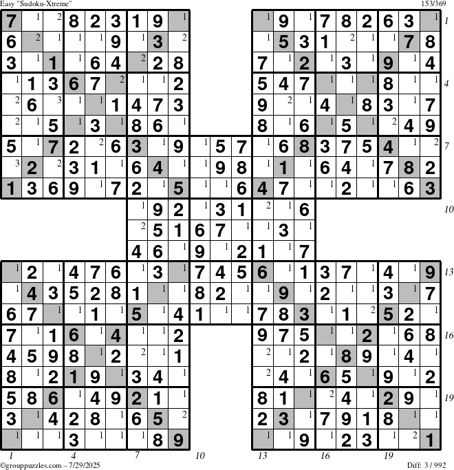 The grouppuzzles.com Easy Sudoku-Xtreme puzzle for Tuesday July 29, 2025 with all 3 steps marked