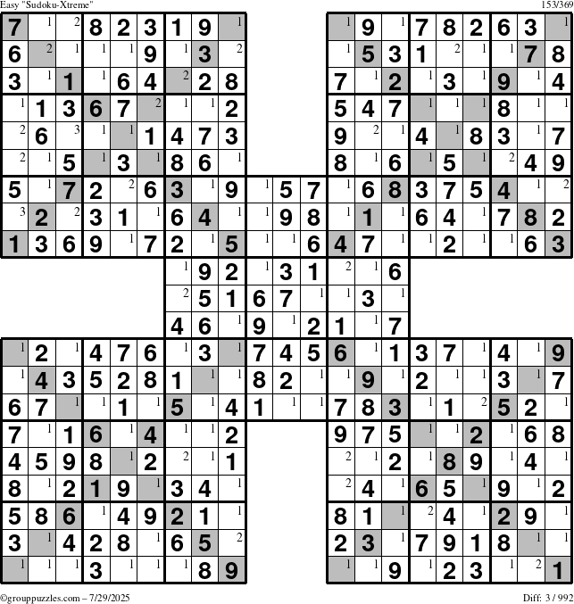 The grouppuzzles.com Easy Sudoku-Xtreme puzzle for Tuesday July 29, 2025 with the first 3 steps marked