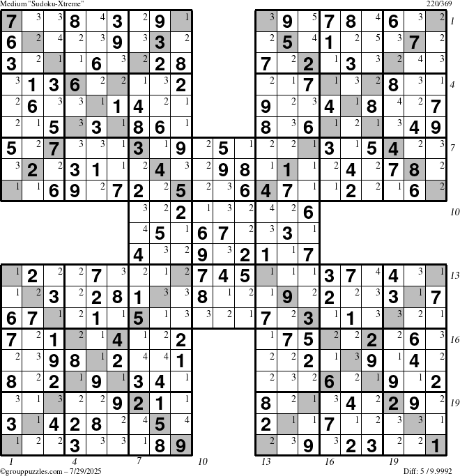 The grouppuzzles.com Medium Sudoku-Xtreme puzzle for Tuesday July 29, 2025 with all 5 steps marked