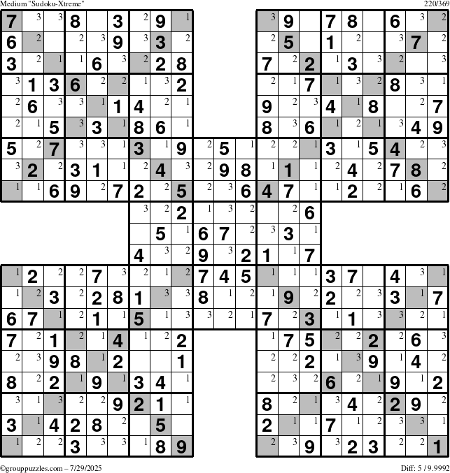 The grouppuzzles.com Medium Sudoku-Xtreme puzzle for Tuesday July 29, 2025 with the first 3 steps marked