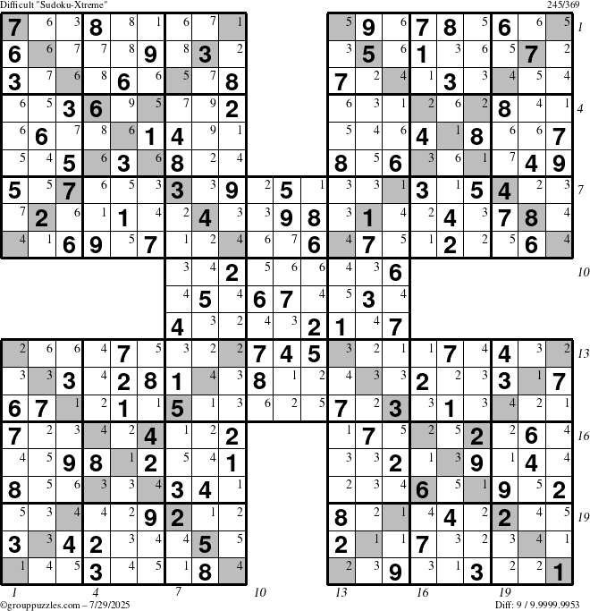 The grouppuzzles.com Difficult Sudoku-Xtreme puzzle for Tuesday July 29, 2025 with all 9 steps marked