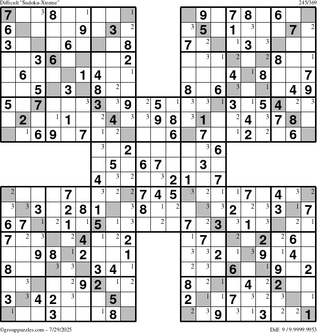The grouppuzzles.com Difficult Sudoku-Xtreme puzzle for Tuesday July 29, 2025 with the first 3 steps marked