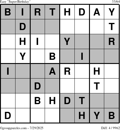 The grouppuzzles.com Easy Super-Birthday puzzle for Tuesday July 29, 2025