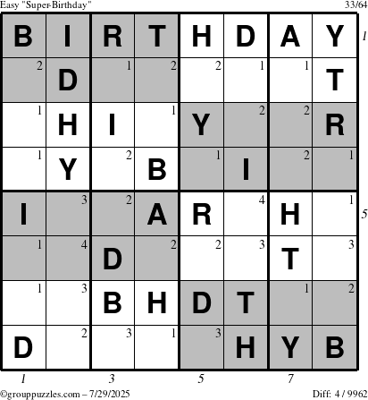 The grouppuzzles.com Easy Super-Birthday puzzle for Tuesday July 29, 2025 with all 4 steps marked
