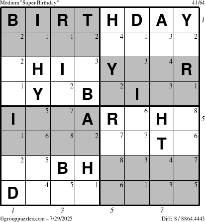 The grouppuzzles.com Medium Super-Birthday puzzle for Tuesday July 29, 2025 with all 8 steps marked
